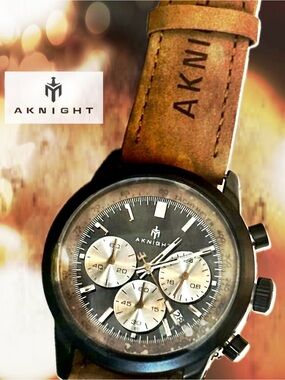 AKnight Classic Chronograph Watch in Black and Silver with Brown leather band.